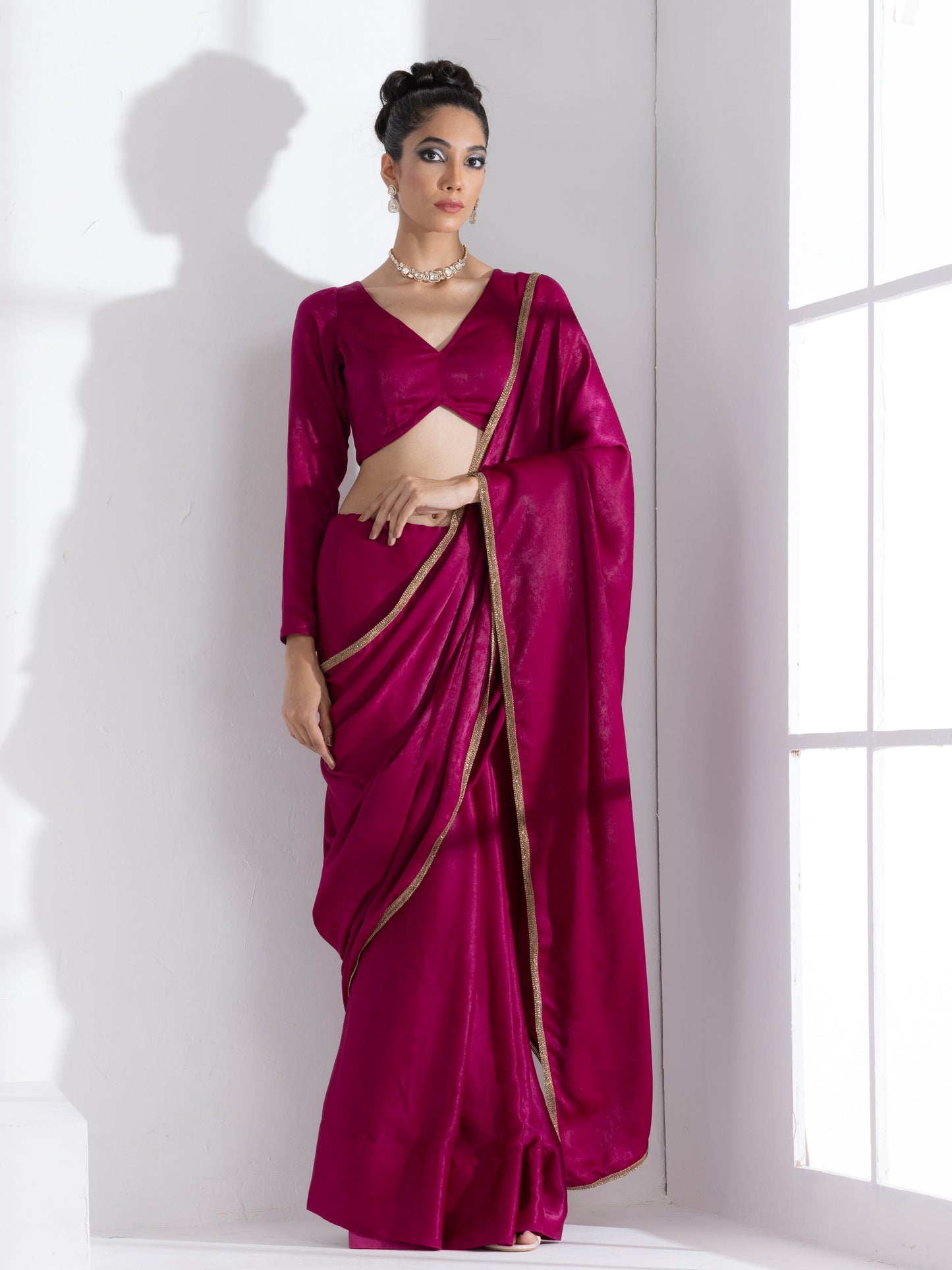 Dhiyona ST Posh Wine Saree with Bronze Lace and Self Blouse Fabric