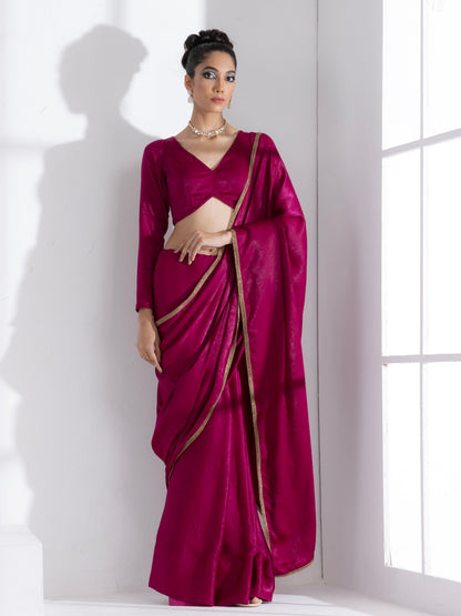 Dhiyona ST Posh Wine Saree with Bronze Lace and Self Blouse Fabric