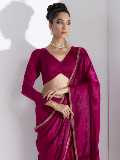 Dhiyona ST Posh Wine Saree with Bronze Lace and Self Blouse Fabric
