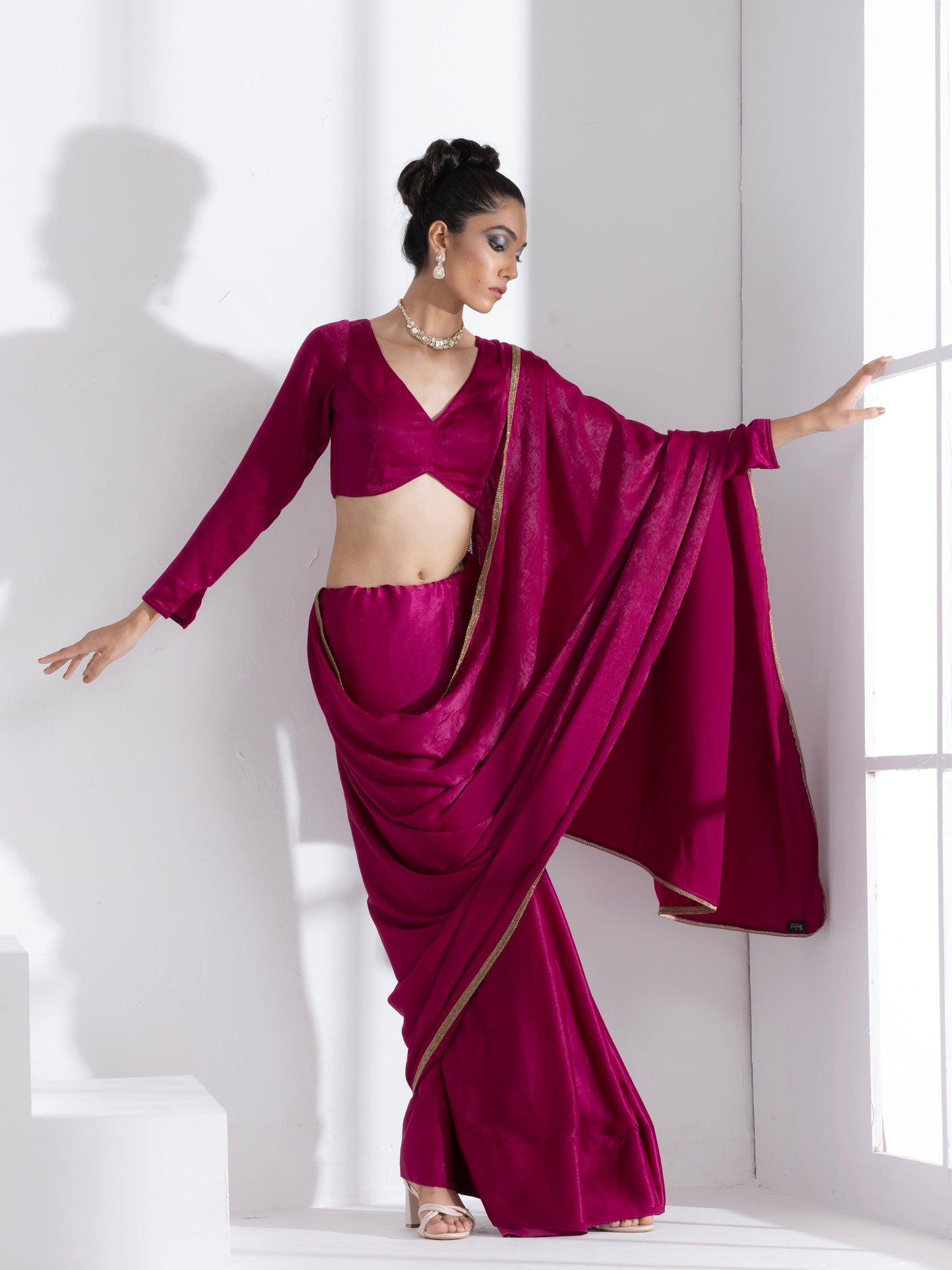 Dhiyona ST Posh Wine Saree with Bronze Lace and Self Blouse Fabric