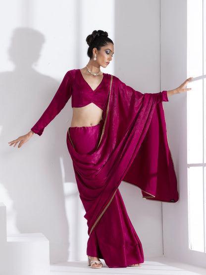Dhiyona ST Posh Wine Saree with Bronze Lace and Self Blouse Fabric
