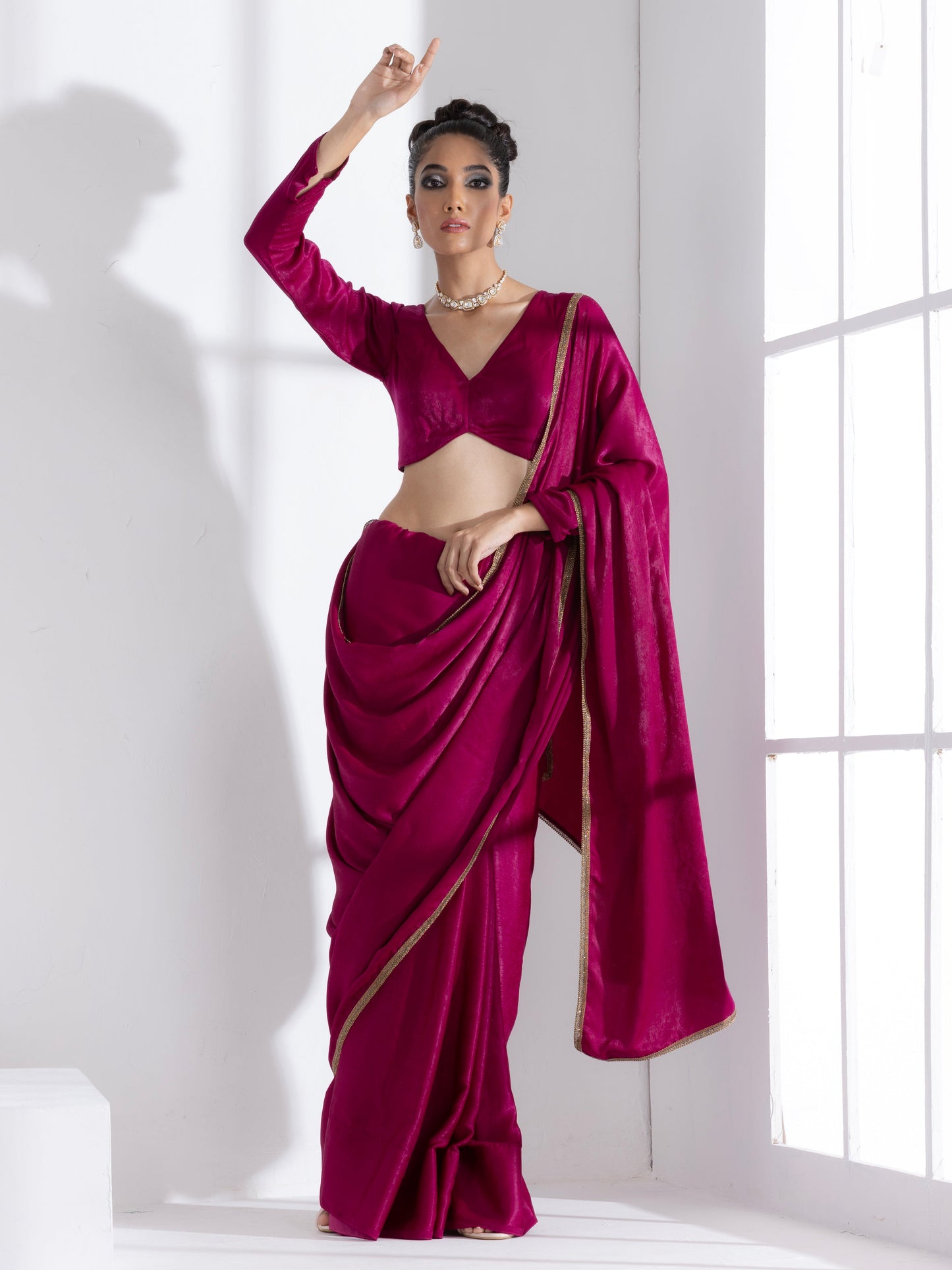 Dhiyona ST Posh Wine Saree with Bronze Lace and Self Blouse Fabric