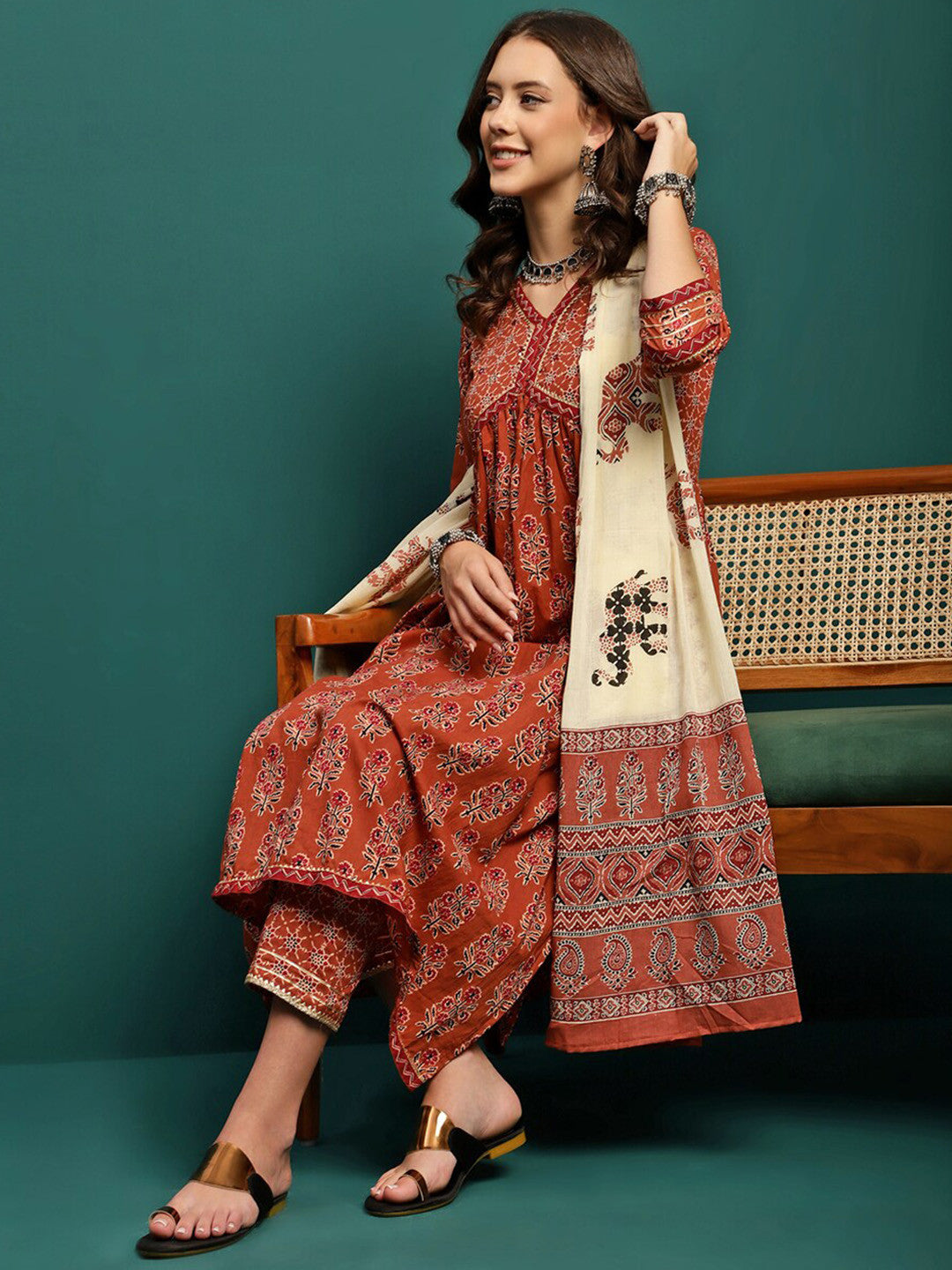 Printed & Embroidered Anarkali Kurta With Trouser & Dupatta Set