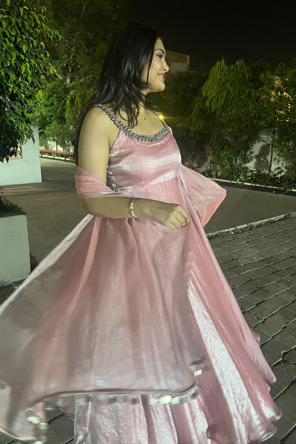 Dhiyona ST 3 pc Suit - Pink Blue Metallic Sleeveless Anarkali with Glass Trim