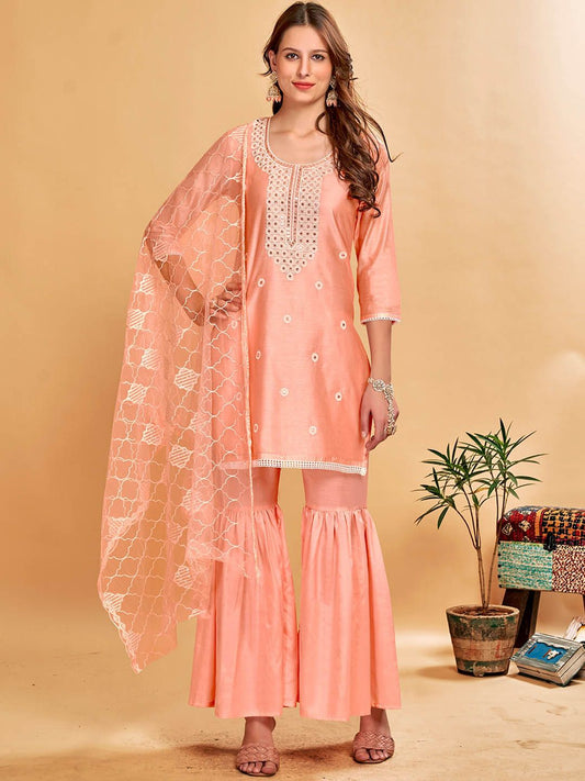 Dhiyona AN Orange Floral Embroidered Mirror Work Chanderi Cotton Kurta With Sharara & Dupatta