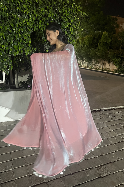 Dhiyona ST 3 pc Suit - Pink Blue Metallic Sleeveless Anarkali with Glass Trim