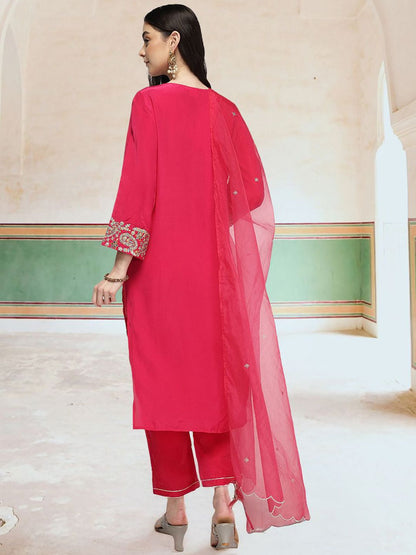 Dhiyona IS Women's Women Ethnic Motifs Embroidered Regular Thread Work Kurta with Trousers & With Dupatta