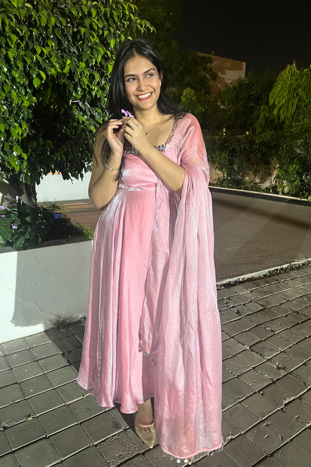 Dhiyona ST 3 pc Suit - Pink Blue Metallic Sleeveless Anarkali with Glass Trim