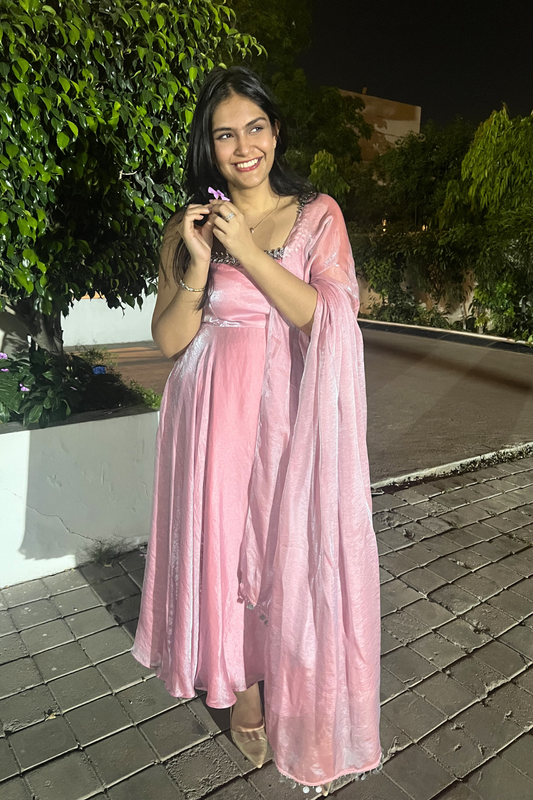 Dhiyona ST 3 pc Suit - Pink Blue Metallic Sleeveless Anarkali with Glass Trim