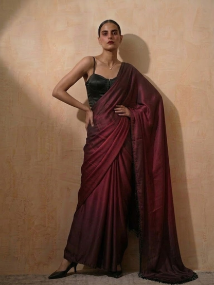 Dhiyona ST Rosewood Dual Shade Satin Saree with Hanging Lace and Self Blouse Fabric