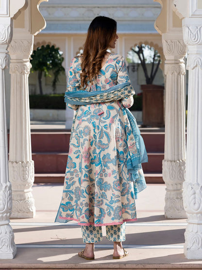 Dhiyona KL Floral Printed Round Neck Pure Cotton Anarkali Kurta with Trousers & Dupatta