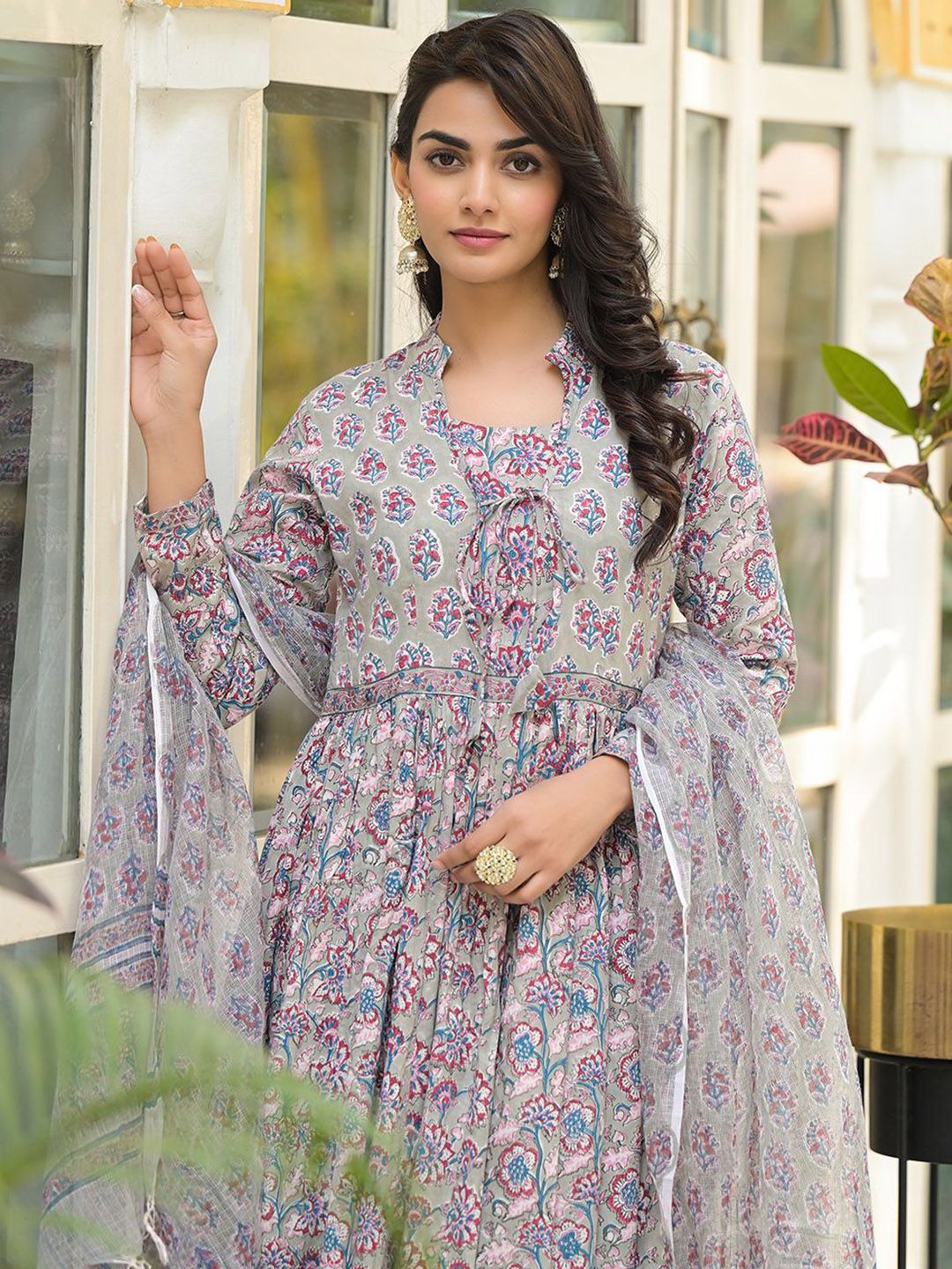 Dhiyona KL Floral Printed Pleated Pure Cotton Anarkali Kurta With Trousers & Dupatta