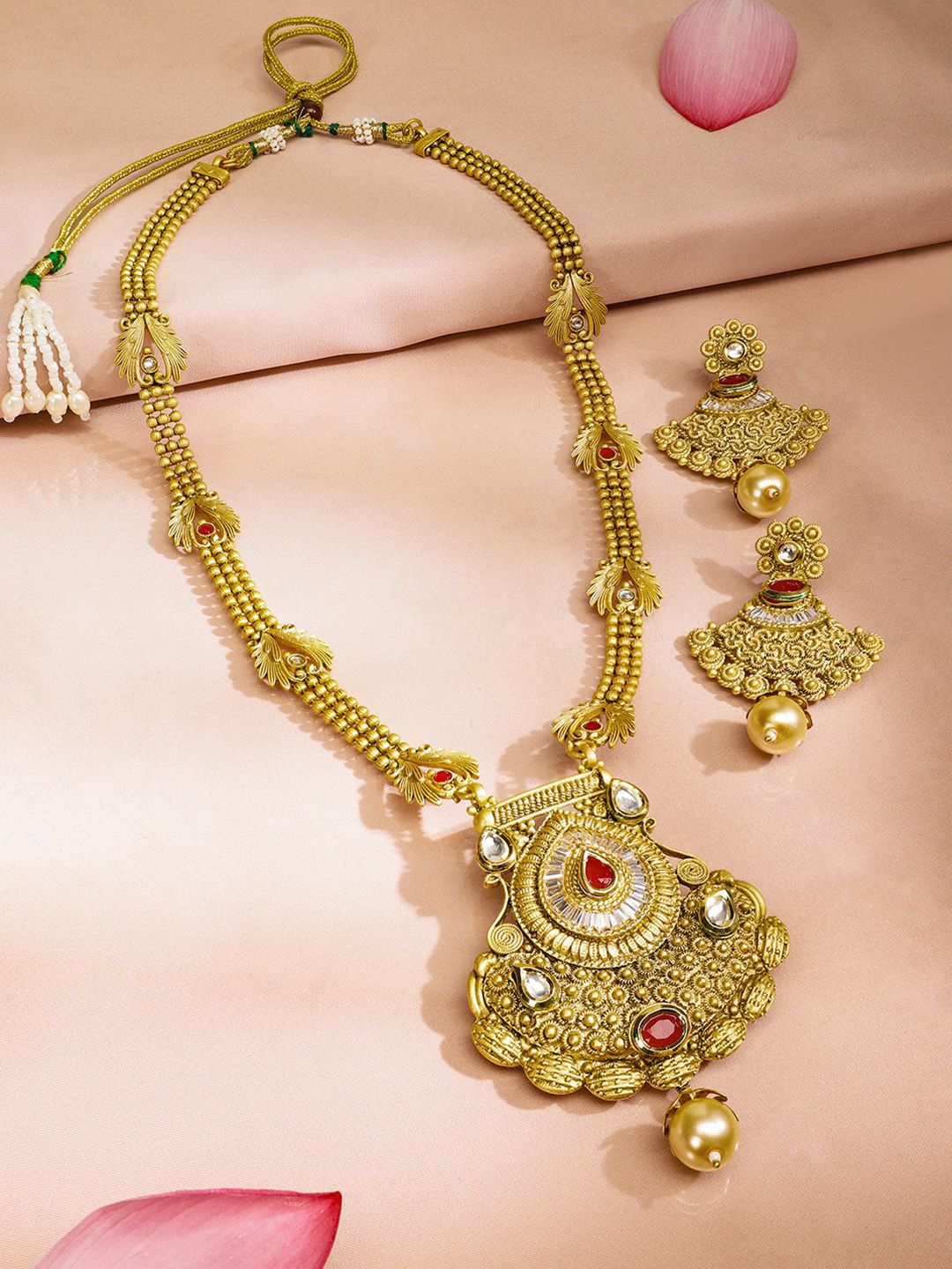 Dhiyona RJ Women's 22K Gold-Plated Ruby Kundan Studded Temple Necklace Set with Pearl Drops