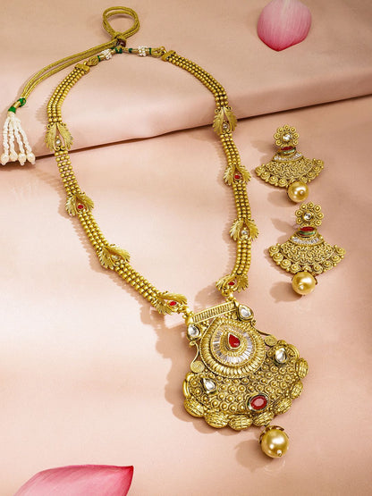 Dhiyona RJ Women's 22K Gold-Plated Ruby Kundan Studded Temple Necklace Set with Pearl Drops