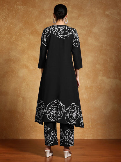 Dhiyona VA Women'sFloral Printed Mandarin Collar A-Line Pure Cotton Kurta With Trousers