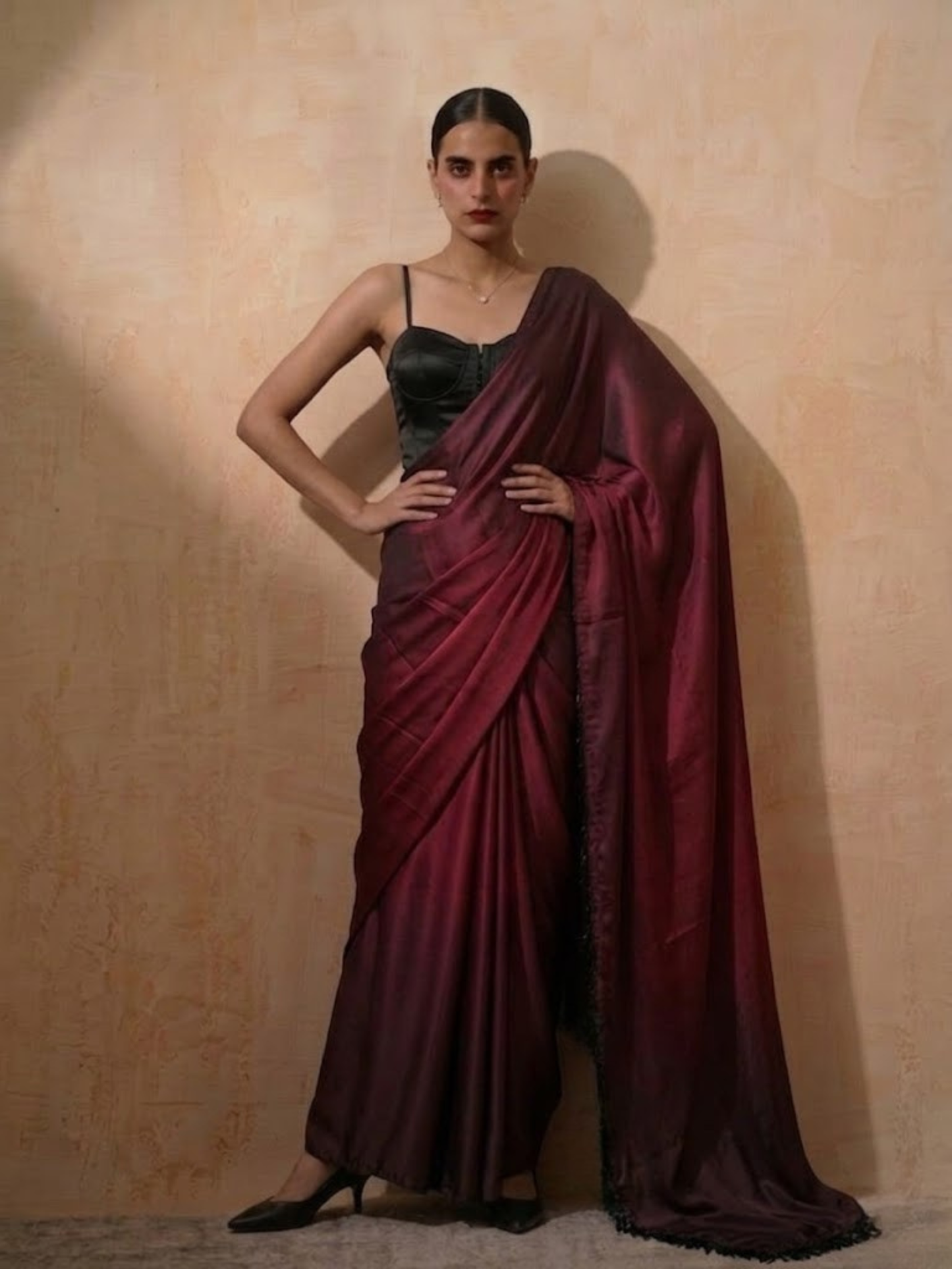 Dhiyona ST Rosewood Dual Shade Satin Saree with Hanging Lace and Self Blouse Fabric