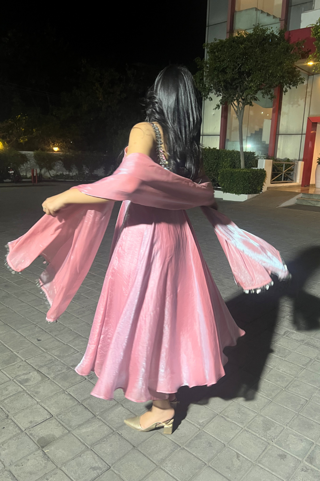 Dhiyona ST 3 pc Suit - Pink Blue Metallic Sleeveless Anarkali with Glass Trim
