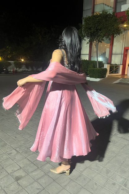 Dhiyona ST 3 pc Suit - Pink Blue Metallic Sleeveless Anarkali with Glass Trim
