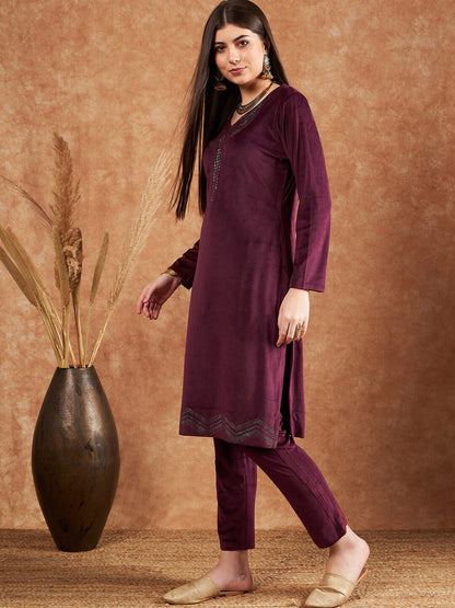 Beads and Stones Embellished Winter Velvet Straight Kurta & Trousers