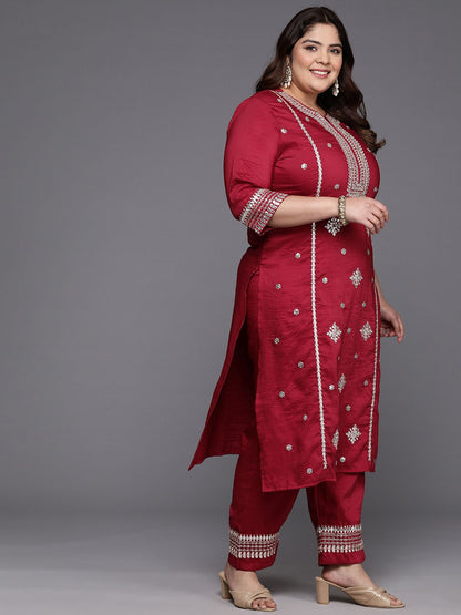 Dhiyona Women's Plus Size Ethnic Motifs Embroidered Gotta Patti Kurta with Trousers & Dupatta
