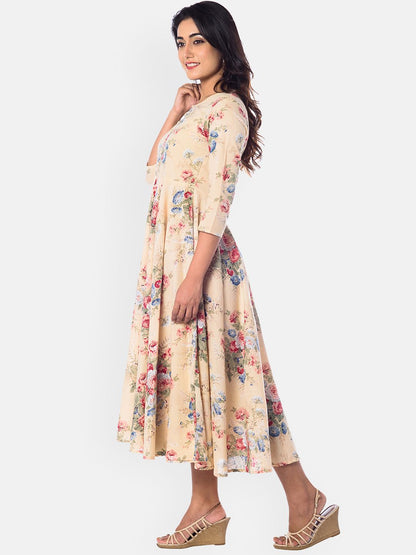 Dhiyona AY Women's Beige Printed Fit and Flare Dress
