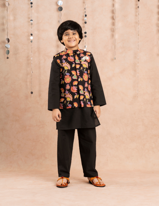 Jaipur Boys Black Kurta and Pyjama with Jacket Ethnic Set