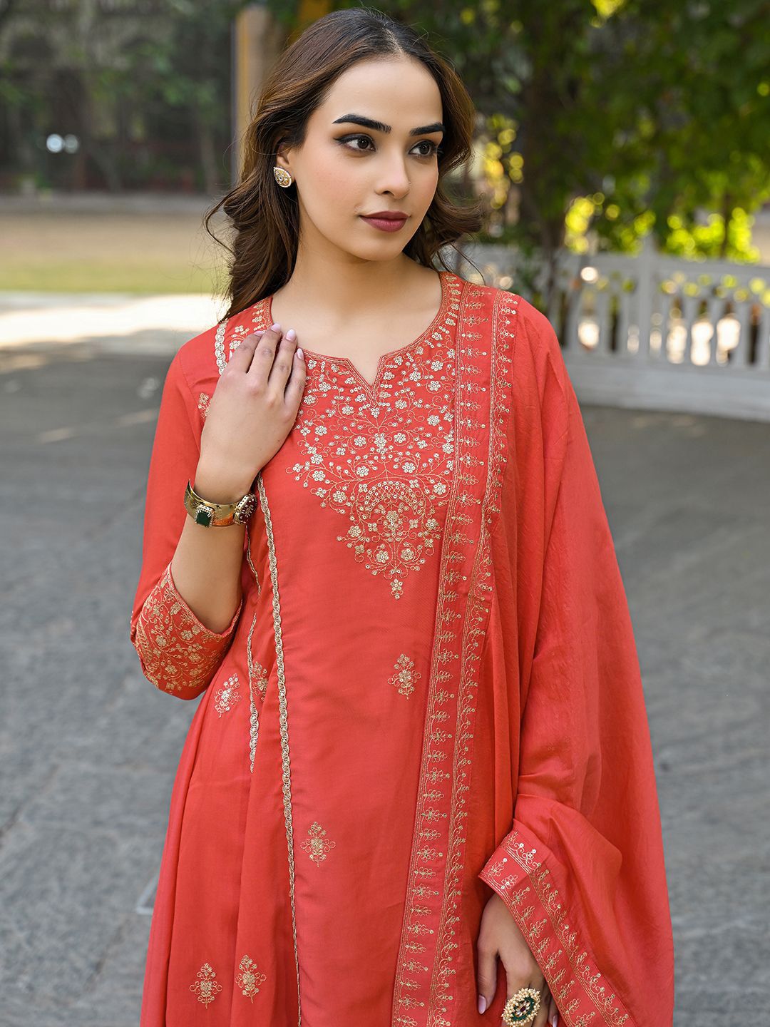 Dhiyona KL Women Embroidered Empire Sequinned Kurta with Palazzos & With Dupatta