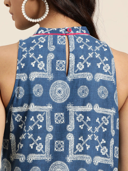 Women Navy Blue & Off-White Printed Kurta with Trousers