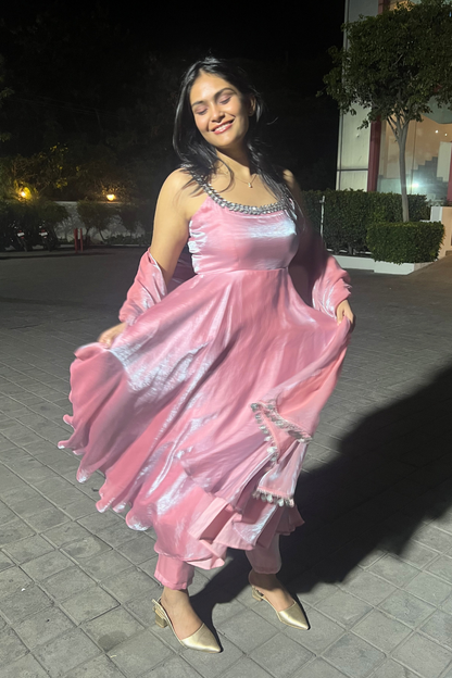 Dhiyona ST 3 pc Suit - Pink Blue Metallic Sleeveless Anarkali with Glass Trim