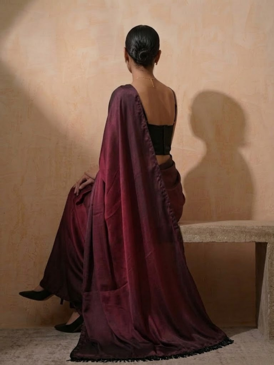 Dhiyona ST Rosewood Dual Shade Satin Saree with Hanging Lace and Self Blouse Fabric