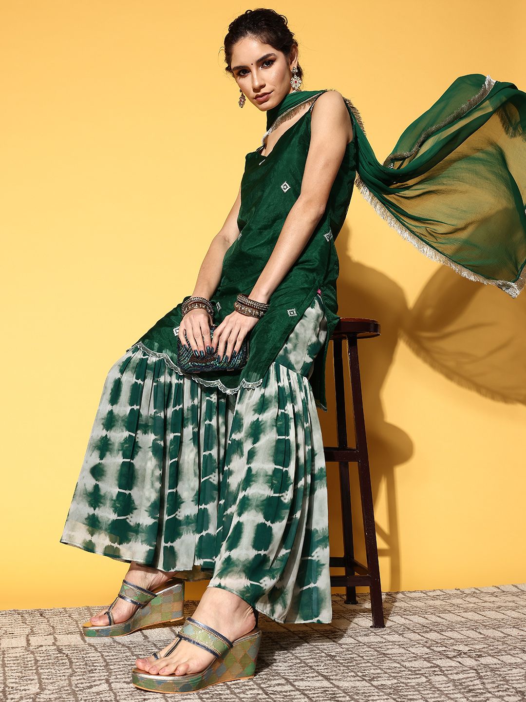 Dhiyona VA Women Green Embroidered Sequinned Kurta with Sharara & Dupatta