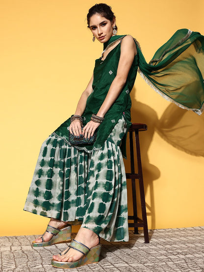 Dhiyona VA Women Green Embroidered Sequinned Kurta with Sharara & Dupatta