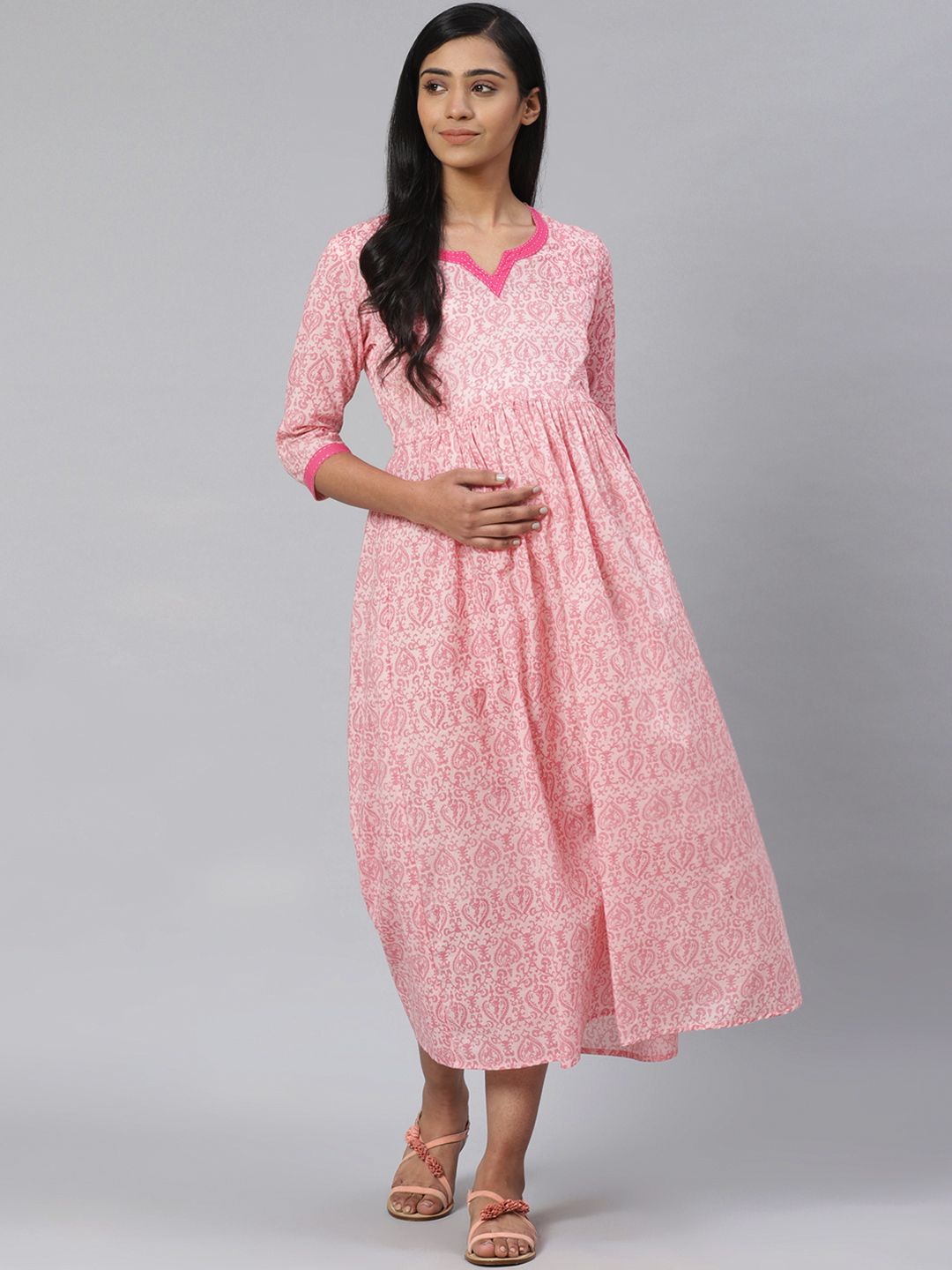 Dhiyona AY Women's Pink Printed Pure Cotton Maternity A-Line Dress