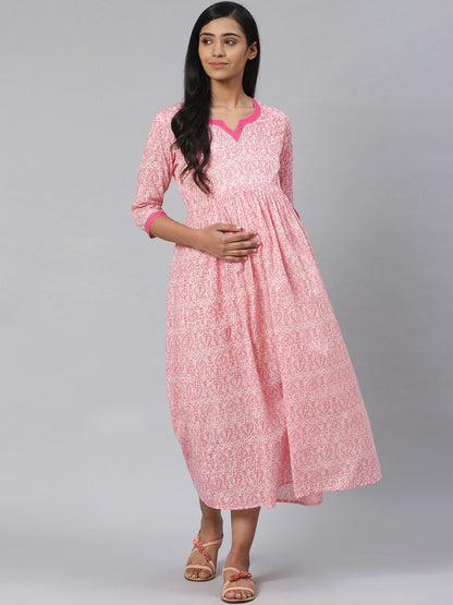 Dhiyona AY Women's Pink Printed Pure Cotton Maternity A-Line Dress