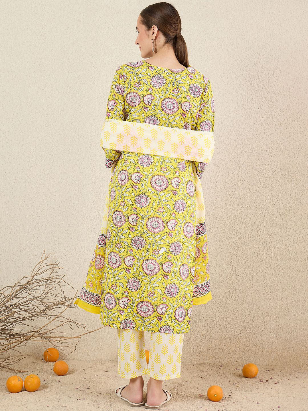 Floral Printed Pure Cotton V-Neck Straight Kurta with Trousers and Dupatta
