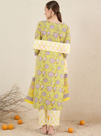 Floral Printed Pure Cotton V-Neck Straight Kurta with Trousers and Dupatta