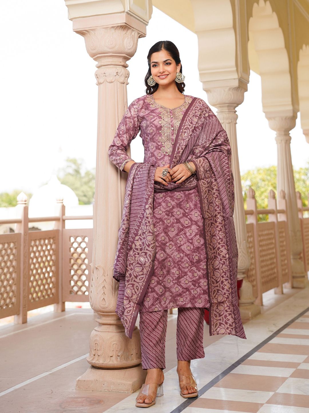 Dhiyona KL Ethnic Motifs Zari Embroidered Straight Kurta With Trousers & Dupatta