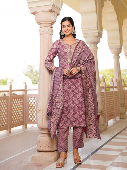 Dhiyona KL Ethnic Motifs Zari Embroidered Straight Kurta With Trousers & Dupatta
