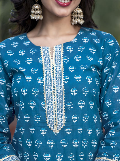 Dhiyona KL Women Turquoise Blue Printed Cotton Kurta with Trousers With Dupatta