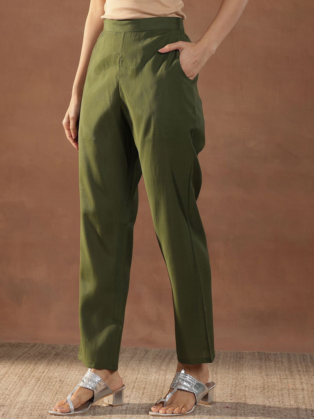 Olive Green Floral Embroidered Sequinned Straight Kurta With Trousers & Dupatta