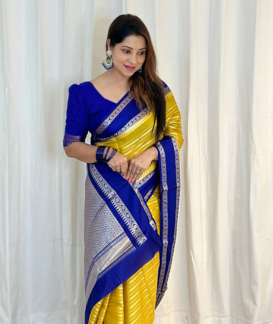 Dhiyona HH Gold with Navy Banarasi Soft Katan Georgette Saree | Soft & Versatile