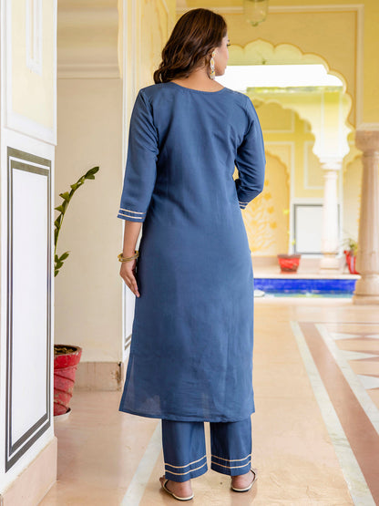 Dhiyona VV Women's Embroidered Silk Blend Calf Length Straight Kurta Trouser with Dupatta Set