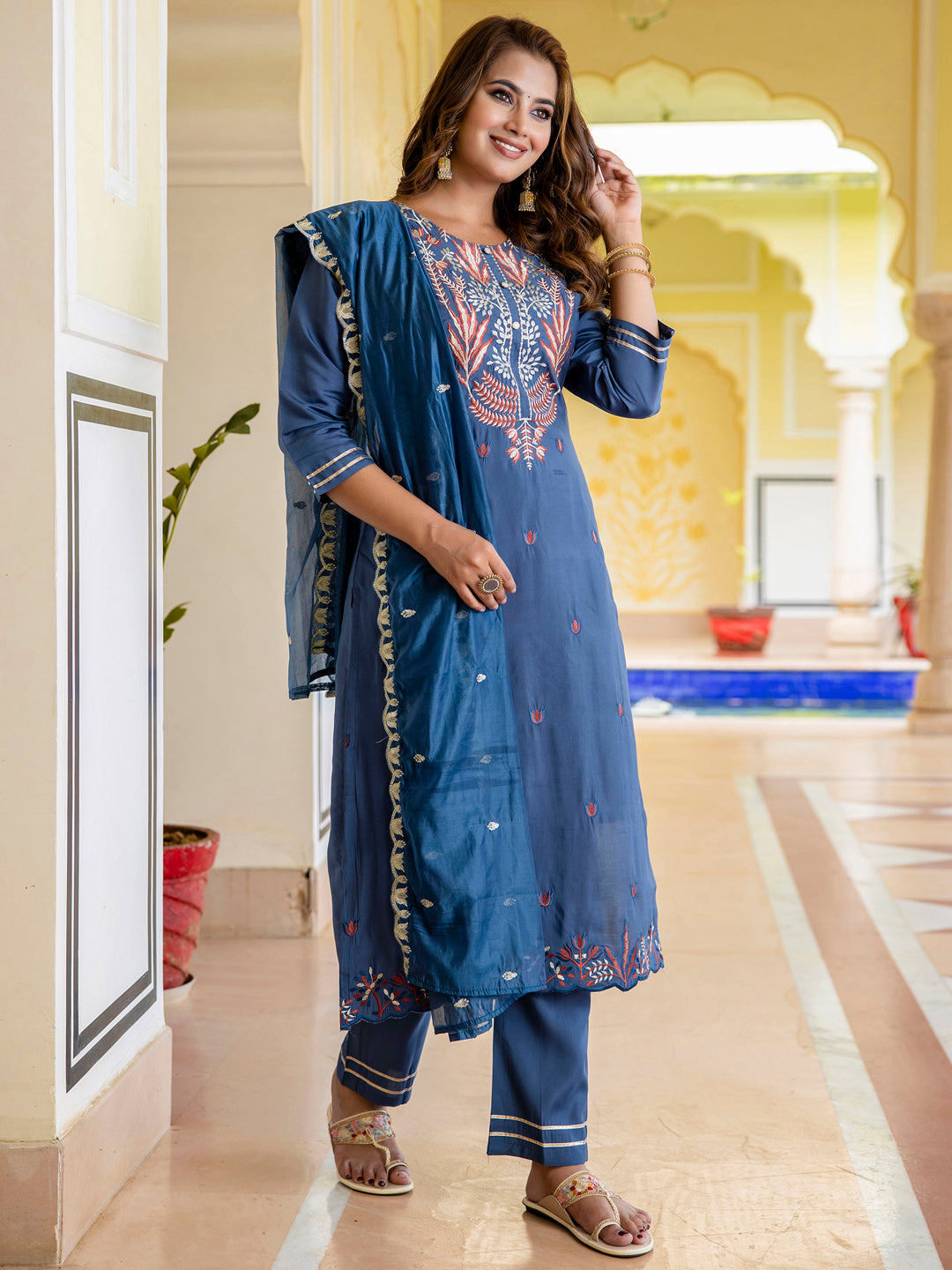 Dhiyona VV Women's Embroidered Silk Blend Calf Length Straight Kurta Trouser with Dupatta Set