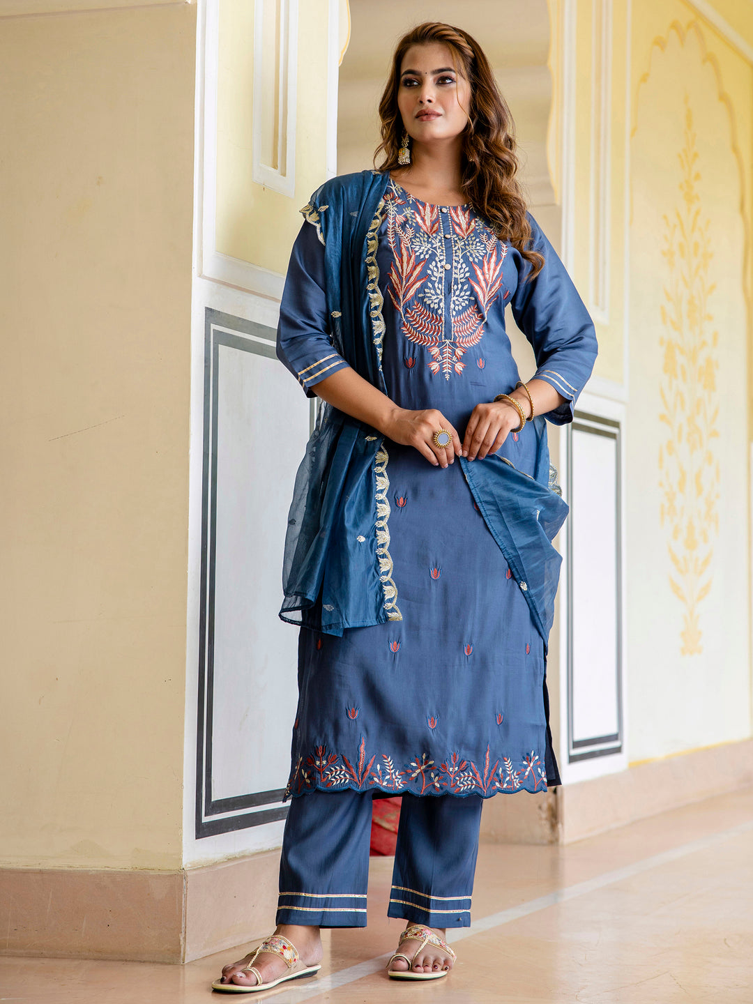 Dhiyona VV Women's Embroidered Silk Blend Calf Length Straight Kurta Trouser with Dupatta Set