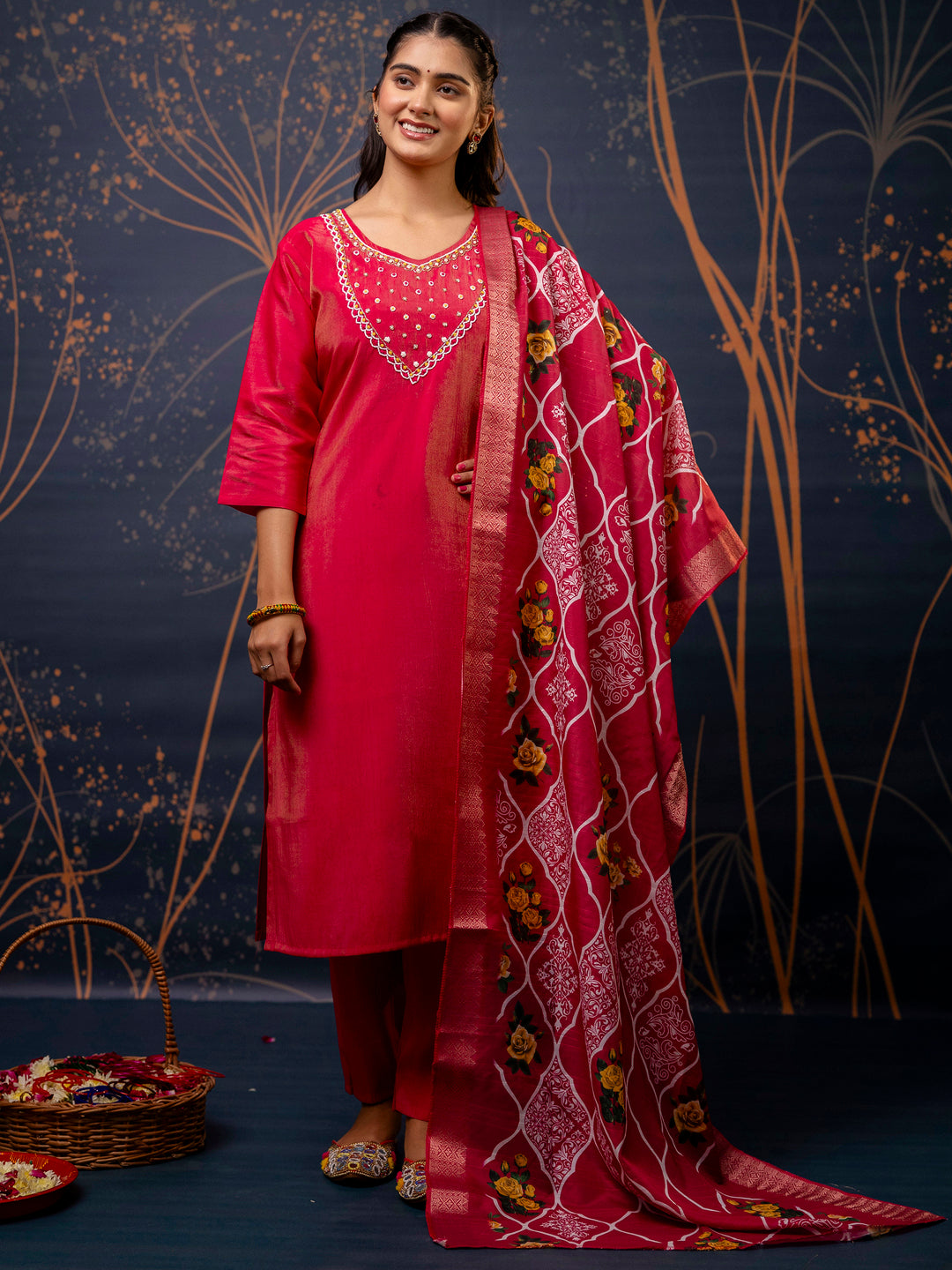 Dhiyona VV Women's Pink Kurta and Pant Sets Simar Silk fabric