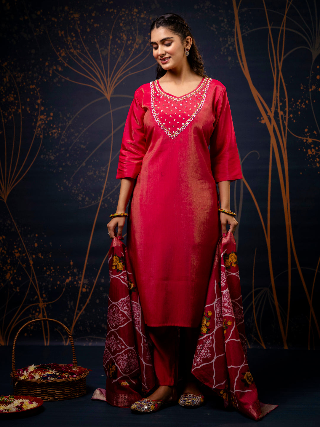 Dhiyona VV Women's Pink Kurta and Pant Sets Simar Silk fabric