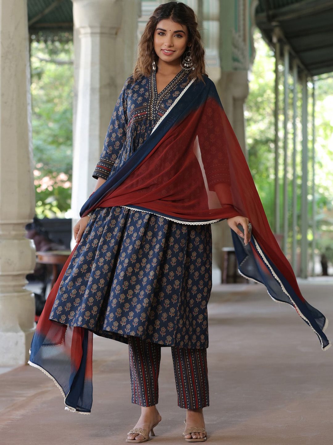 Dhiyona RR Women's Printed Empire Sequinned Pure Cotton Kurta with Trousers & Dupatta