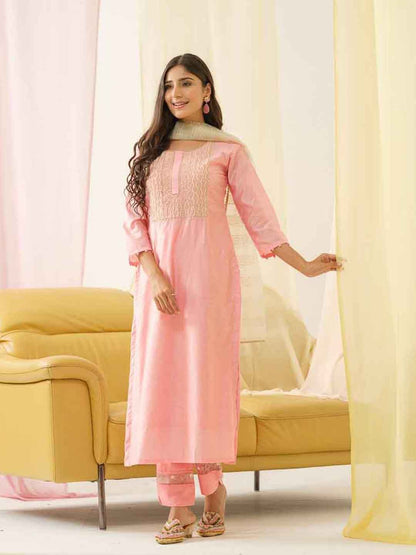 Dhiyona IS Women's Ethnic Motifs Yoke Design Beads and Stones Kurta with Trousers & Dupatta