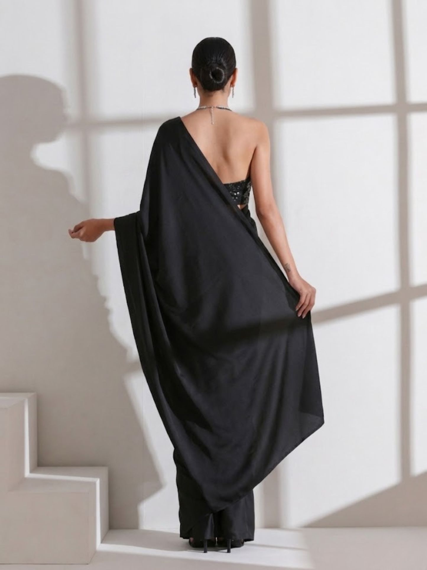 Dhiyona ST Black Surprise Saree with Pink Orange Satin and Black Blouse Fabric