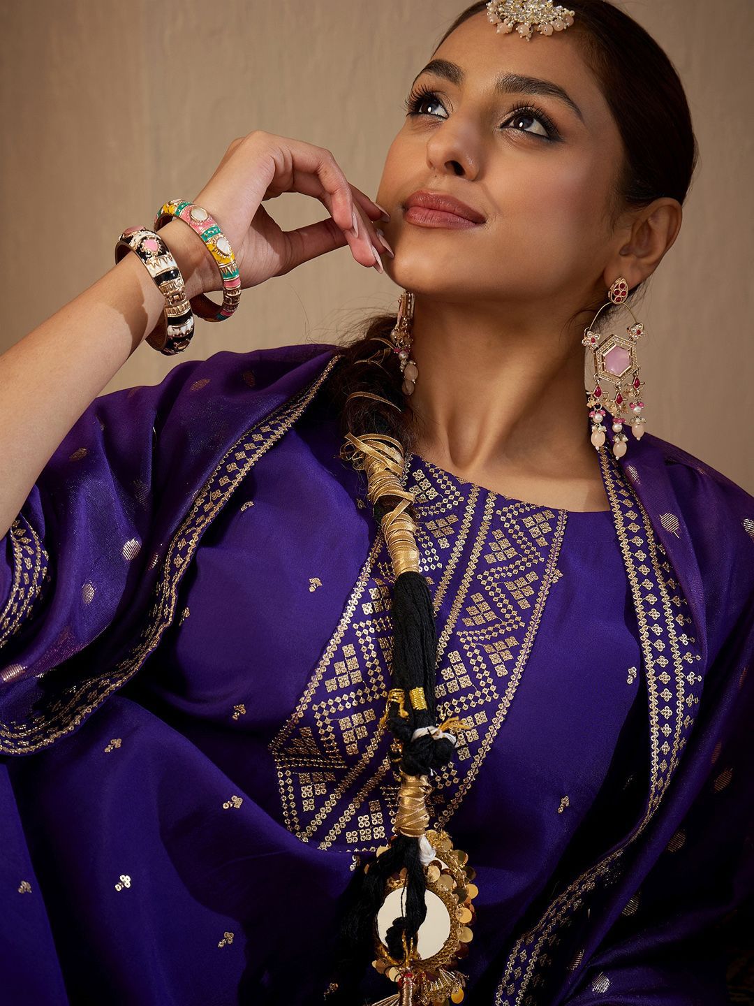 Dhiyona IE Women Ethnic Motifs Embroidered Regular Sequinned Kurta with Trousers & With Dupatta